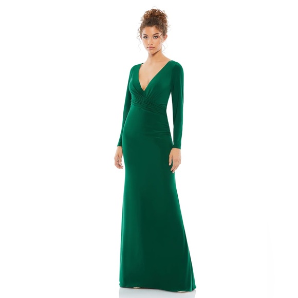 Mac Duggal Ieena 26573 Long Sleeve Ruched Jersey‎ V-Neck Gown- NWT - Picture 1 of 9